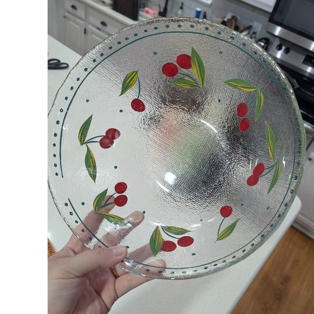 Arcoroc Serving Bowl Textured Glass‎ Hand Painted Cherry Motif 10.5